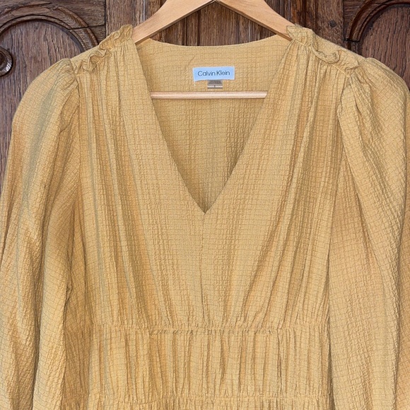 Calvin Klein V Neck Dress Midi Ochre Peasant Women's size 8 - Picture 7 of 12
